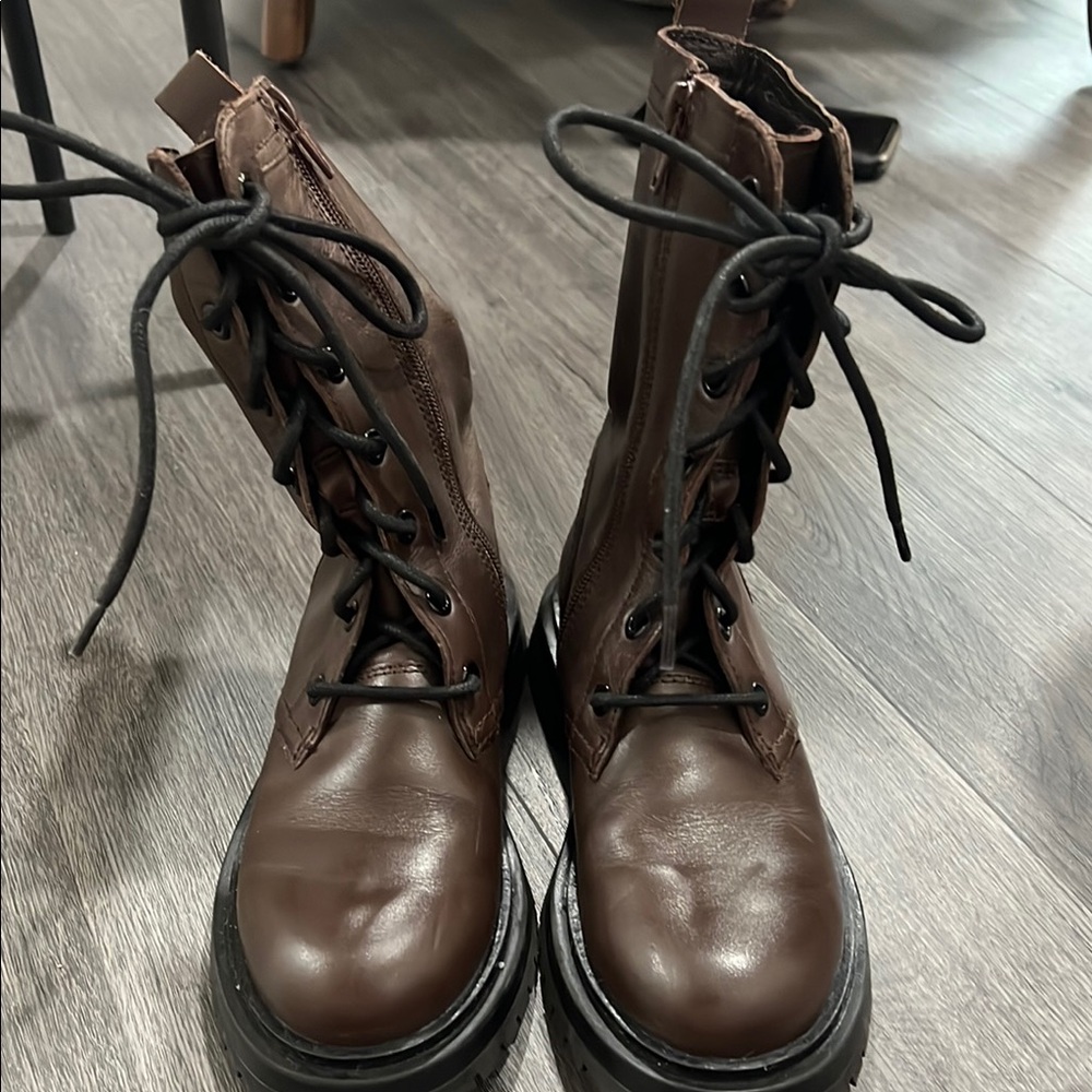 Zara Brown Lace-Up Combat Boots